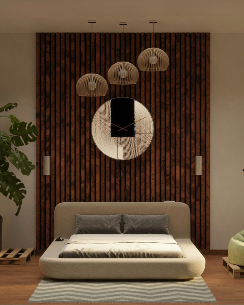 Bedroom with a terracotta wall, low bed, and plants